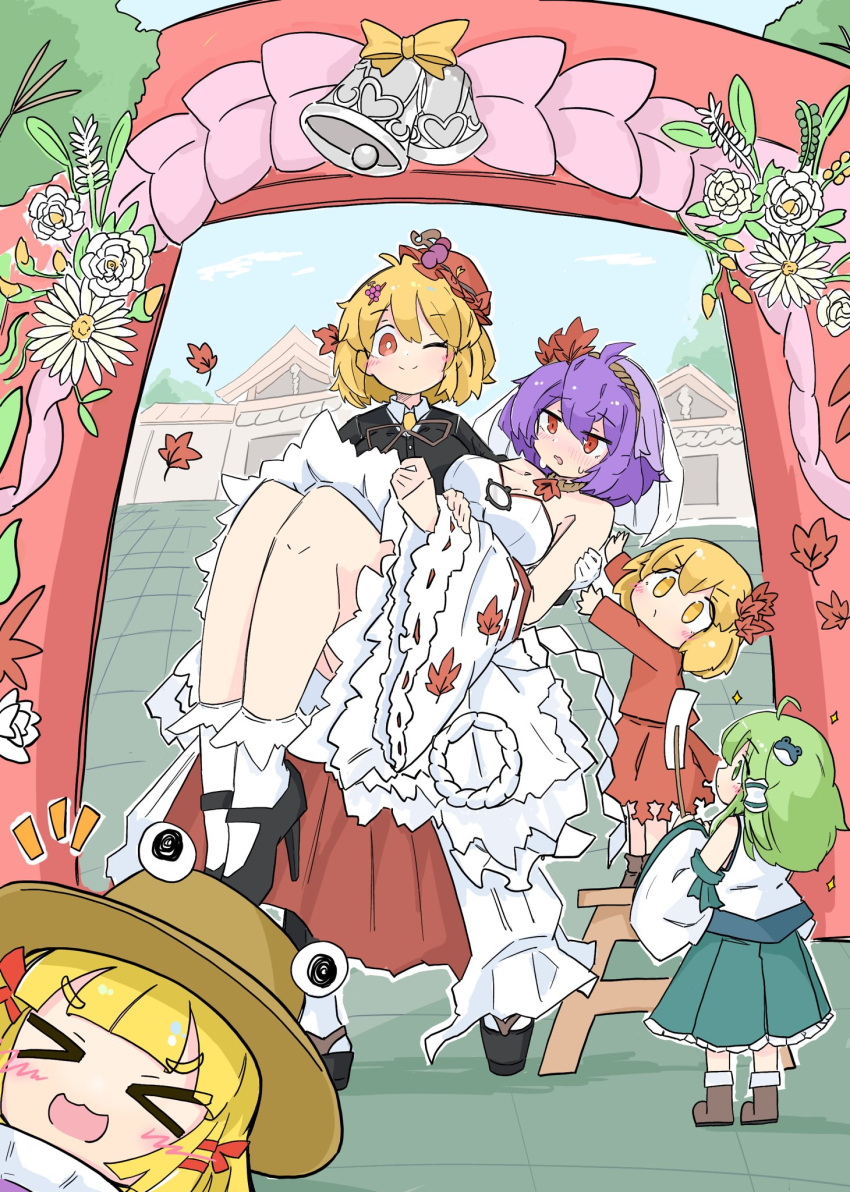 &gt;_&lt; 5girls :d ;) ahoge aki_minoriko aki_shizuha bell black_footwear black_jacket blonde_hair blush boots bow brown_footwear carrying collared_shirt commentary detached_sleeves dress eyebrows_visible_through_hair flower food frilled_dress frills fruit gloves grapes green_eyes green_hair green_skirt hair_ribbon hair_tubes hat high_heels highres holding_gohei jacket kochiya_sanae leaf leaf_on_head long_sleeves looking_at_another looking_at_viewer medium_hair moriya_shrine moriya_suwako multiple_girls neckerchief notice_lines onbashira one_eye_closed open_mouth orange_eyes princess_carry purple_hair purple_vest red_eyes red_ribbon red_shirt red_skirt ribbon ribbon-trimmed_sleeves ribbon_trim shirt short_hair skirt skirt_set smile sparkle sweatdrop tatutaniyuuto torii touhou tree turtleneck vest wavy_mouth wedding wedding_dress white_gloves white_shirt wide_sleeves yasaka_kanako yellow_bow yellow_eyes yellow_ribbon yuri