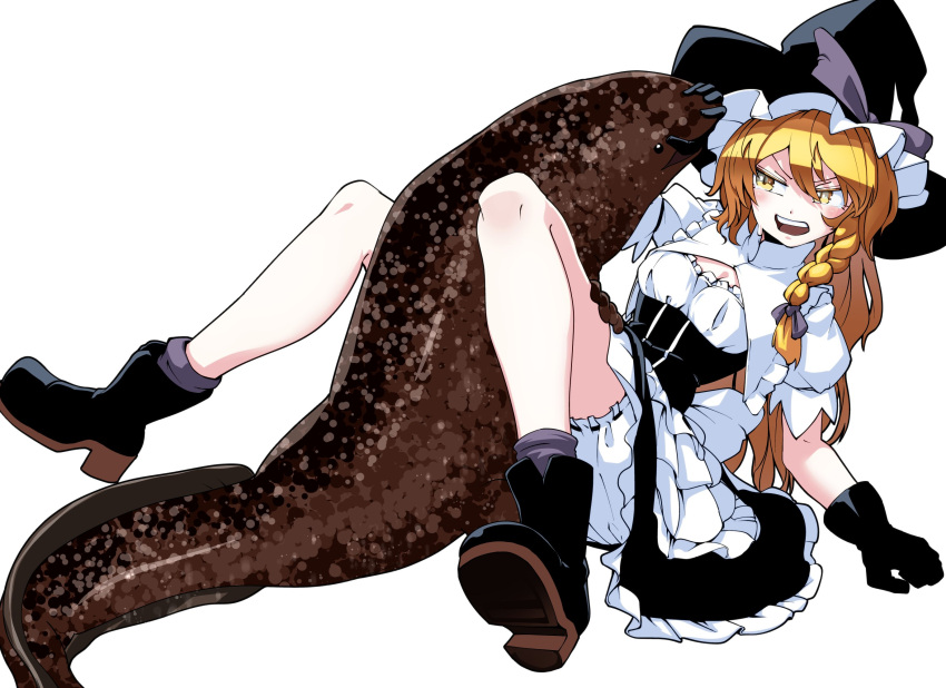black_gloves blonde_hair bloomers blush boots bow braid breasts cleavage corset frilled_hat frills gloves hair_bow hat highres kikoka_(mizuumi) kirisame_marisa large_bow salamander short_sleeves side_braid simple_background single_braid small_breasts thighs touhou underwear white_background white_bow witch witch_hat yellow_eyes