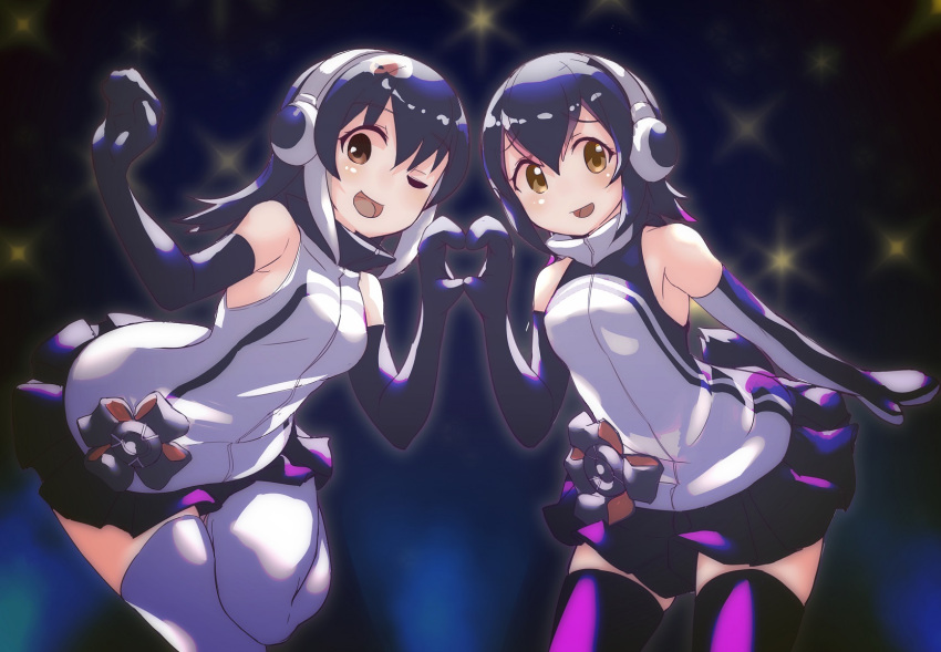 african_penguin_(kemono_friends) animal_costume black_eyes black_hair headphones highres humboldt_penguin_(kemono_friends) kemono_friends kemono_friends_v_project long_hair looking_at_viewer lowlandgorilla multicolored_hair one_eye_closed penguin_costume penguin_tail shirt short_hair simple_background skirt smile tail virtual_youtuber