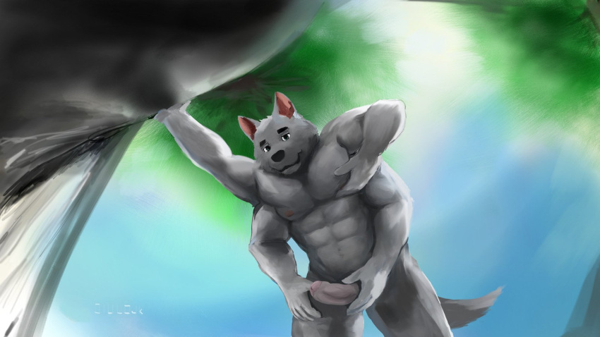16:9 2019 4_arms 5_fingers abs anthro artist_name black_eyebrows black_nose canid canine canis cliff day detailed_background digital_media_(artwork) eyebrows fingers foreskin fur genitals green_eyes grey_body grey_fur hand_on_nipple hand_on_pecs hand_on_penis hi_res humanoid_genitalia humanoid_hands humanoid_penis leaning male mammal multi_arm multi_limb muscular muscular_anthro muscular_male nipples nude pecs penis rock sky solo uiojk widescreen wolf