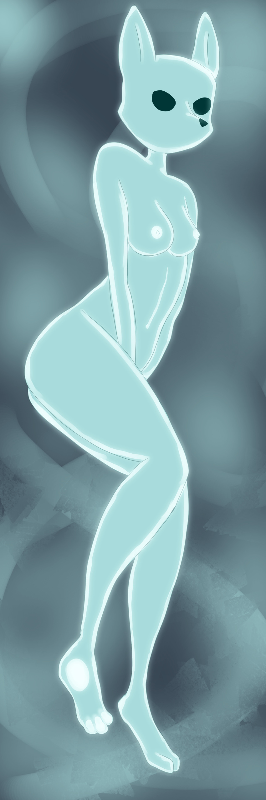 2022 absurd_res anthro black_eyes black_nose blue_body breasts butt canid canine chiptunebrony covering covering_crotch crossed_legs dakimakura_design digital_media_(artwork) female fox glowing glowing_body hi_res lying mammal nipples nude pawpads paws solo the_heir_(tunic) translucent translucent_body tunic_(video_game) video_games