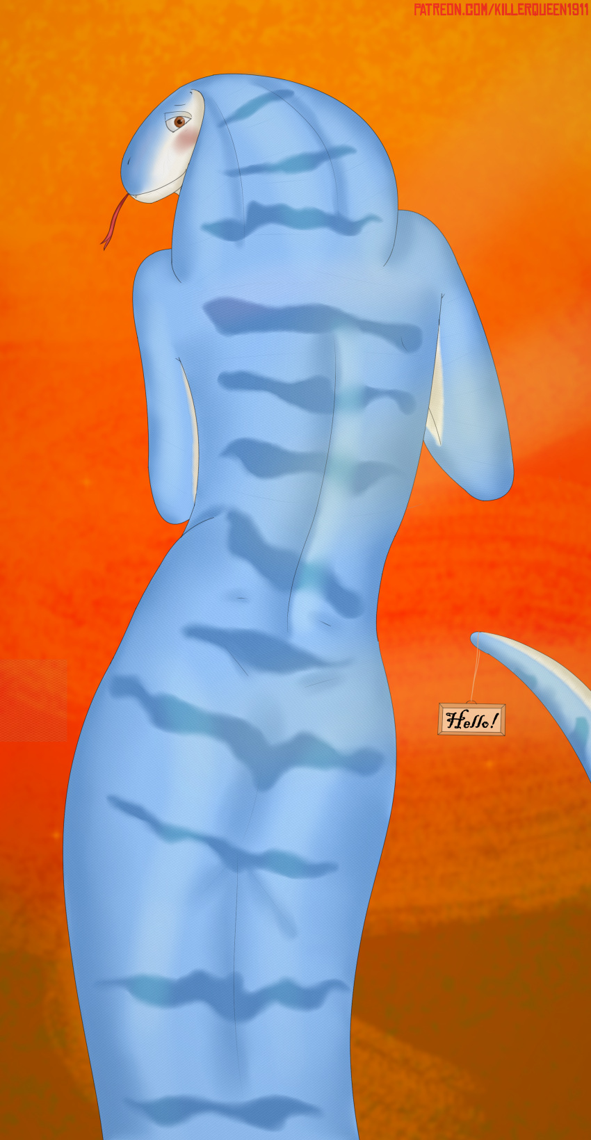 absurd_res amber_eyes animal_humanoid anthro apode athletic athletic_female blue_body blue_scales blush curvy_figure draconcopode fan_character female hi_res humanoid killerqueen1911 legless living_tail looking_at_viewer looking_back markings naga orange_background rear_view reptile reptile_humanoid scale_markings scales scalie scalie_humanoid serpentine shaded shimmering shy sign simple_background snake snake_hood snake_tail soft_shading solo solo_focus tan_body tan_scales unusual_anatomy unusual_tail wide_hips