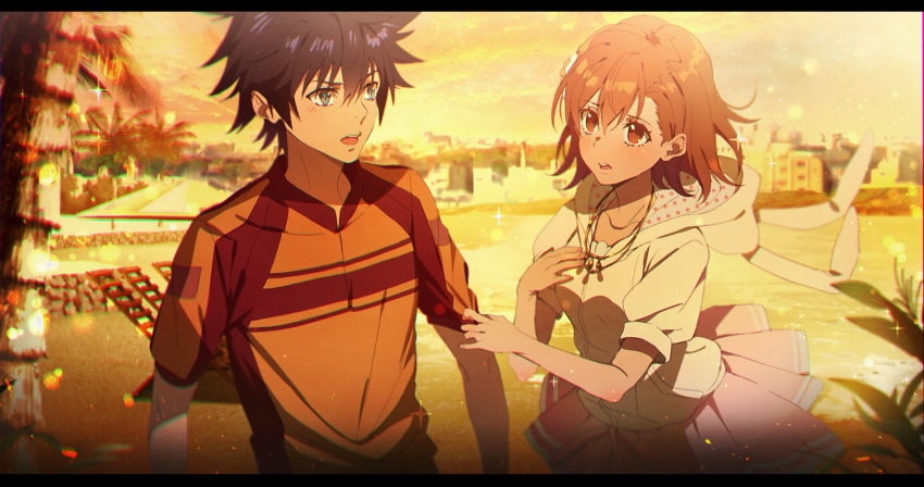 1boy 1girl animal_hood bangs beach black_border black_hair blurry blurry_background border brown_eyes brown_hair bunny_hood collarbone eye_contact floating_hair grey_eyes hair_between_eyes highres hood hood_down hooded_jacket jacket kagura_kurosaki kamijou_touma looking_at_another medium_hair miniskirt misaka_mikoto open_mouth orange_shirt outdoors pink_skirt pleated_skirt polka_dot shiny shiny_hair shirt short_sleeves skirt toaru_majutsu_no_index white_jacket