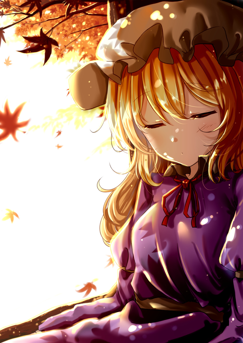 1girl absurdres autumn_leaves blonde_hair closed_eyes closed_mouth dress hat highres leaf maribel_hearn plant purple_dress sleeping solo t-hou touhou tree