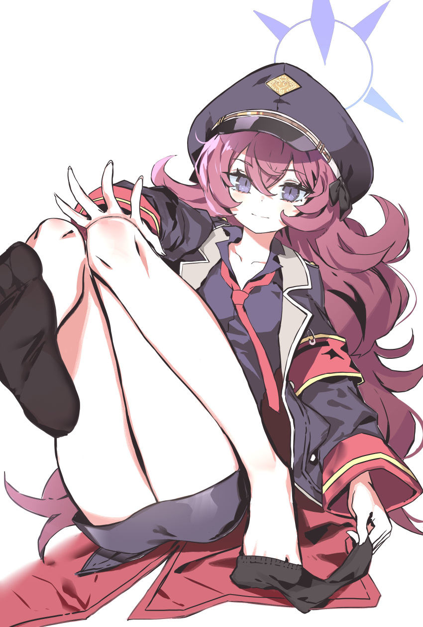 1girl absurdres armband black_shirt black_skirt blue_archive blush halo hat highres iroha_(blue_archive) jacket looking_at_viewer military military_hat military_uniform necktie red_hair red_necktie removing_sock ryoma_(rym_369) safety_pin shirt simple_background skirt socks solo thighs uniform white_background