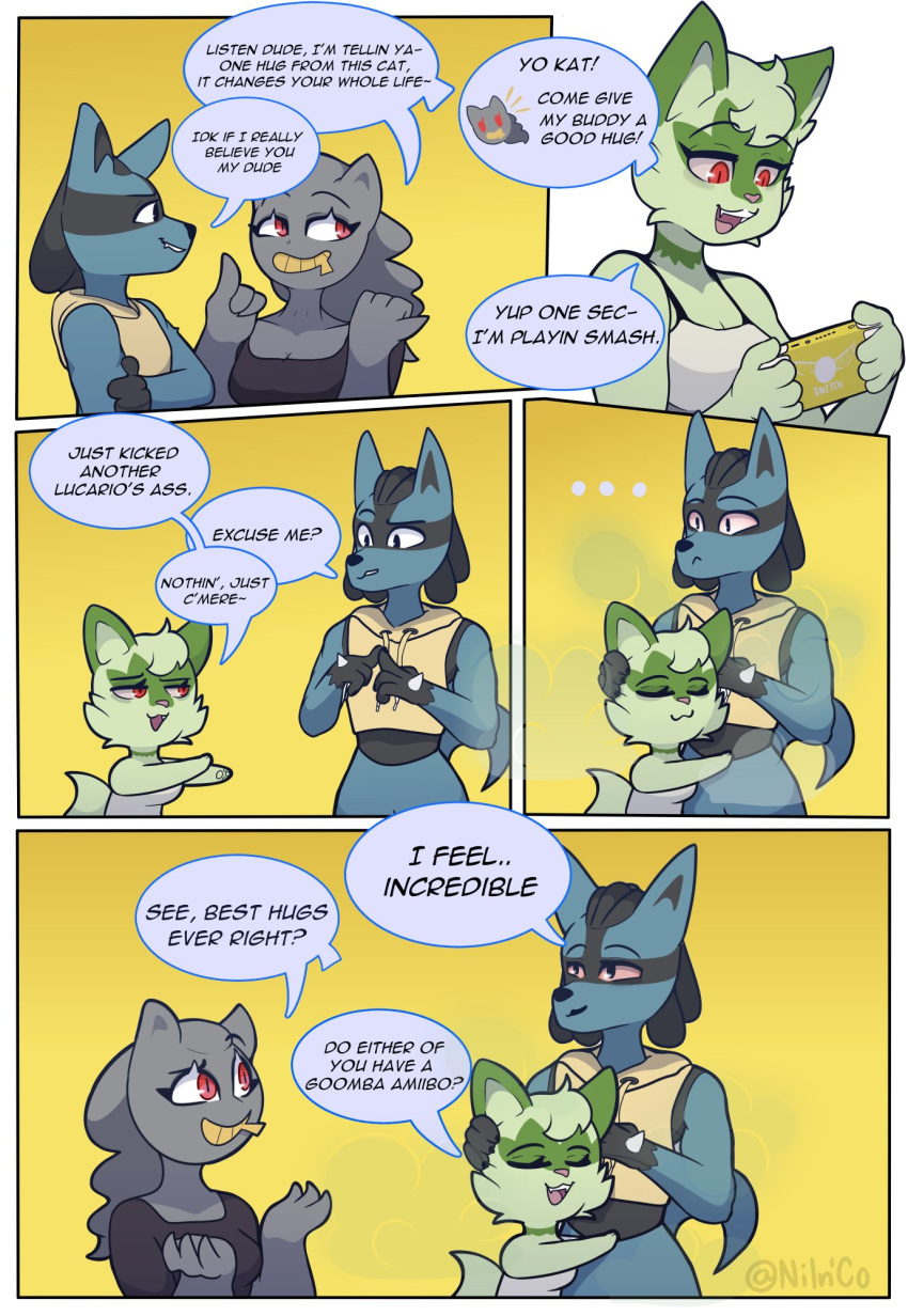 ... 2022 anthro banette biped blue_body blue_fur clothed clothing comic dialogue drugs duo embrace english_text female fur green_body green_fur group hi_res hoodie hug lucario nilnco nintendo open_mouth pok&eacute;mon pok&eacute;mon_(species) red_eyes simple_background size_difference speech_bubble sprigatito stoned substance_intoxication text topwear trio video_games yellow_background