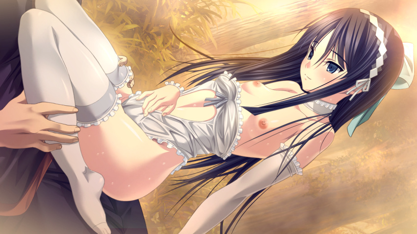 1boy 1girl bangs black_hair black_pants blue_eyes blush bow breasts choker closed_mouth collarbone detached_sleeves dutch_angle eyebrows_visible_through_hair forest frilled_legwear frilled_leotard frilled_sleeves frills game_cg girl_on_top hair_between_eyes hair_bow hair_ribbon hairband leotard leotard_pull long_hair long_sleeves looking_down m&amp;m nature nipples outdoors pants ribbon satet_(verethragna_seisen_no_duelist) shiny shiny_hair small_breasts solo_focus strapless strapless_leotard verethragna_seisen_no_duelist very_long_hair white_bow white_choker white_hairband white_legwear white_leotard white_ribbon white_sleeves