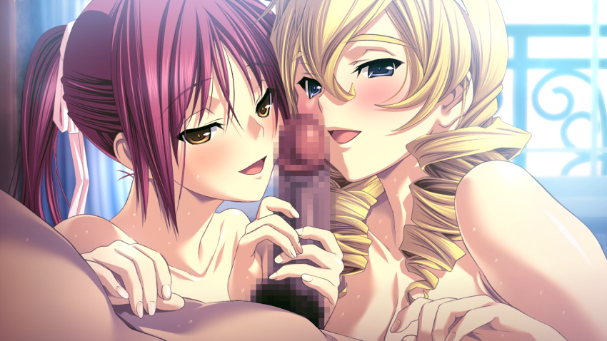 1boy 2girls :d backlighting bangs bare_shoulders blonde_hair blue_eyes blush braid breasts briganty_(verethragna_seisen_no_duelist) brown_eyes censored cleavage collarbone double_handjob eyebrows_visible_through_hair game_cg hair_between_eyes hair_ribbon handjob imminent_fellatio kongouin_aya long_hair m&amp;m male_pubic_hair medium_breasts mosaic_censoring multiple_girls penis ponytail pubic_hair red_hair ribbon shiny shiny_hair smile twin_braids verethragna_seisen_no_duelist white_ribbon