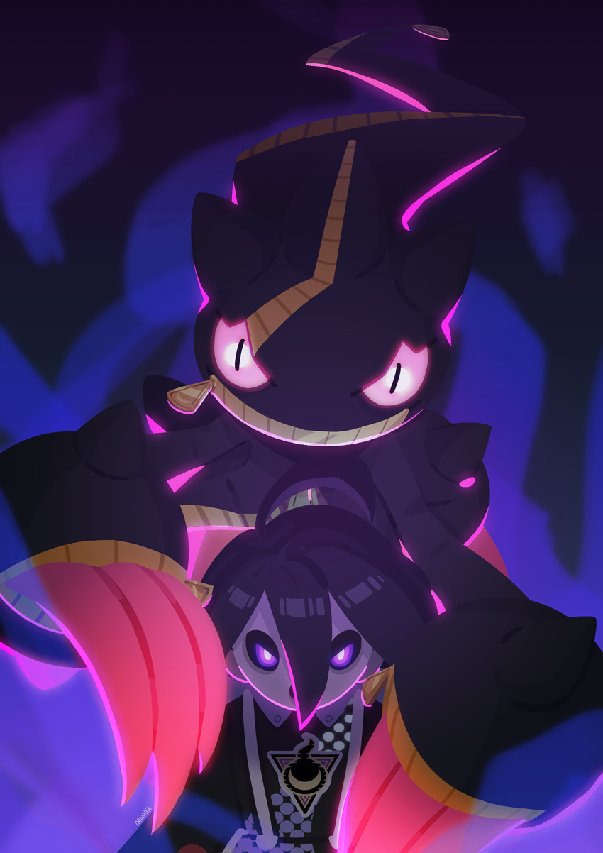 1boy ahoge allister_(pokemon) arwaiel banette bangs black_hair black_shirt bright_pupils claws collared_shirt commentary_request energy hair_between_eyes highres looking_at_viewer male_focus mask mega_banette mega_pokemon pokemon pokemon_(creature) pokemon_(game) pokemon_swsh purple_eyes shiny shiny_hair shirt short_hair suspenders white_pupils