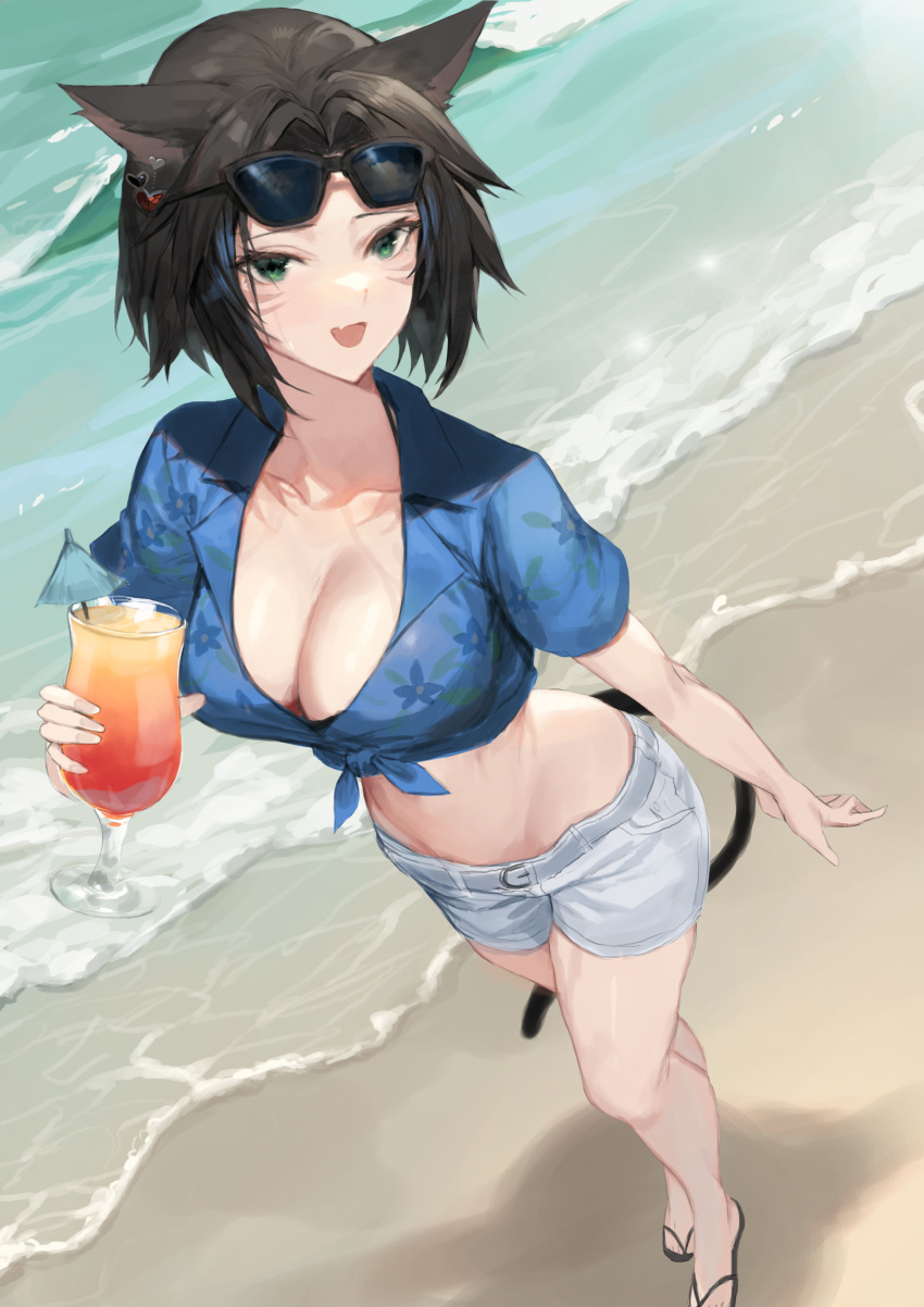 1girl :d absurdres animal_ears beach bikini bikini_under_clothes black_hair blue_hawaii blue_shirt breasts cat_ears cat_girl cat_tail cleavage commission crop_top cup drinking_glass earrings eyewear_on_head facial_mark final_fantasy final_fantasy_xiv front-tie_top green_eyes grey_shorts halterneck highres holding hurricane_glass jewelry large_breasts looking_at_viewer midriff miqo'te molyb navel open_mouth revision sand shirt short_hair short_shorts short_sleeves shorts slippers smile solo standing stomach string_bikini sunglasses swimsuit tail thighs tropical_drink v-shaped_eyebrows water wet whisker_markings