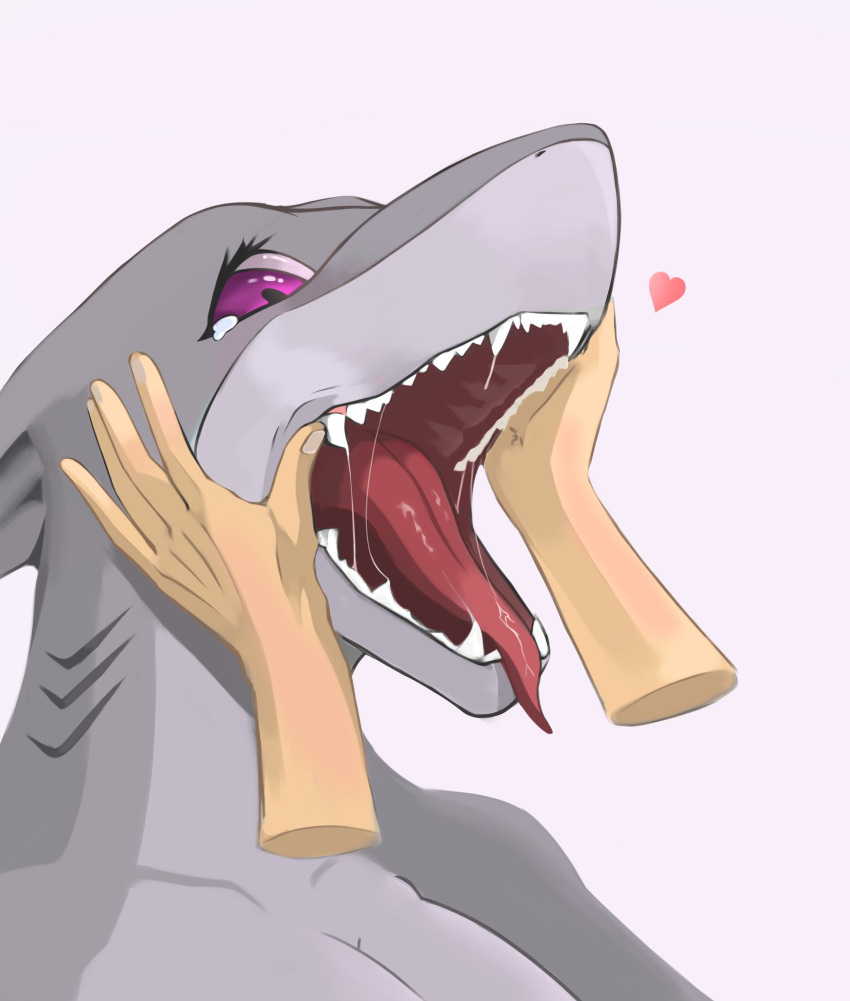 2021 anthro bodily_fluids disembodied_hand duo fangs female fish gills grey_body hi_res human mammal marine mouth_shot open_mouth purple_eyes saliva shark simple_background teeth tongue white_background xxjamiepawxx
