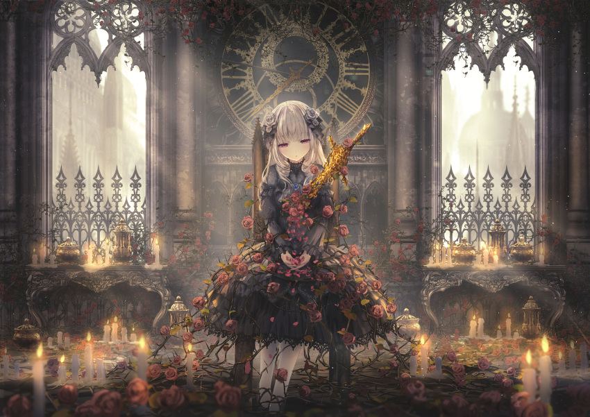 1girl bangs black_dress black_footwear blunt_bangs blurry blurry_foreground candle clock commentary_request day depth_of_field dress eyebrows_visible_through_hair fire flower gothic_lolita grey_hair grey_rose hair_flower hair_ornament half-closed_eyes highres indoors juliet_sleeves lolita_fashion long_hair long_sleeves looking_at_viewer missile228 on_chair original own_hands_together pantyhose parted_lips puffy_sleeves purple_eyes red_flower red_rose roman_numeral rose shoes sitting solo very_long_hair white_legwear window