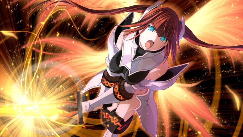 1girl armor bangs black_leotard blue_eyes breasts breasts_apart briganty_(verethragna_seisen_no_duelist) detached_sleeves eyebrows_visible_through_hair faulds floating_hair game_cg holding holding_sword holding_weapon leotard long_hair long_sleeves m&amp;m medium_breasts open_mouth red_hair solo sword twintails verethragna_seisen_no_duelist very_long_hair weapon white_sleeves