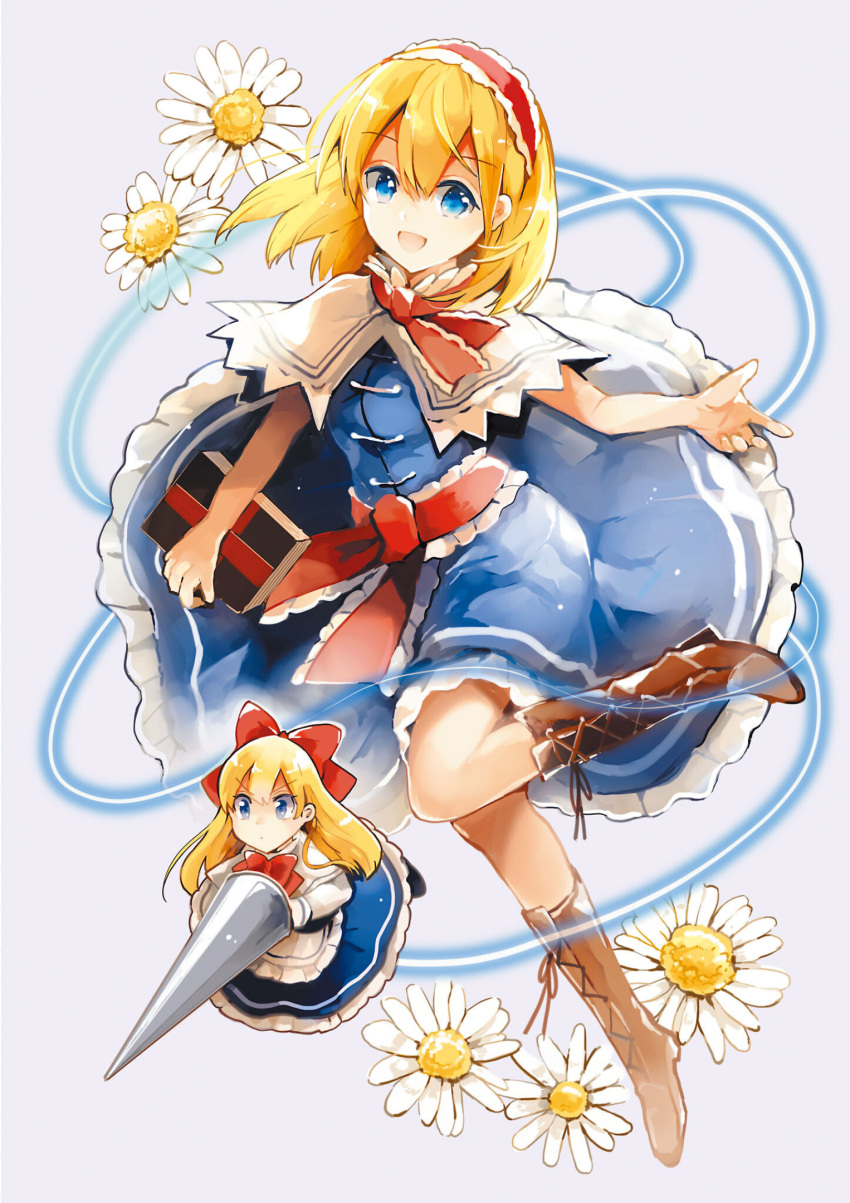 1girl :d alice_margatroid apron ascot azuma_aya blonde_hair blue_dress blue_eyes blue_skirt book boots bow brown_footwear capelet chamomile cross-laced_footwear dress eyebrows_visible_through_hair frilled_ascot frilled_dress frilled_hairband frilled_sash frills grimoire_of_alice hair_bow hairband highres holding holding_book lolita_fashion long_sleeves medium_hair official_art red_bow red_sash ribbon-trimmed_capelet sash shanghai_doll shirt skirt smile solo strange_creators_of_outer_world string third-party_source touhou waist_apron white_shirt