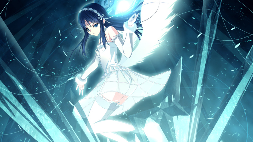 1girl bangs blue_eyes blue_hair detached_sleeves dress eyebrows_visible_through_hair floating_hair frilled_legwear frilled_sleeves frills fur-trimmed_sleeves fur_trim game_cg hair_between_eyes hair_ribbon hairband long_hair long_sleeves m&amp;m open_mouth panties ribbon satet_(verethragna_seisen_no_duelist) see-through short_dress solo strapless strapless_dress thighhighs underwear verethragna_seisen_no_duelist very_long_hair white_dress white_hairband white_legwear white_panties white_ribbon white_sleeves