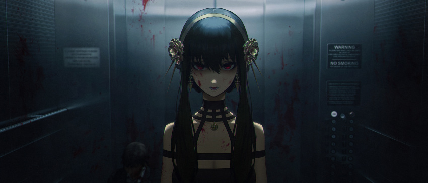 1boy 1girl bare_shoulders black_dress black_hair blood blood_on_chest blood_on_face blood_splatter blurry breasts choker cleavage corpse depth_of_field dress elevator elevator_door english_text flower hair_flower hair_ornament hairband highres looking_at_viewer murder open_mouth red_eyes rose scenery sign sleeveless sleeveless_dress spy_x_family wang-xi yor_briar