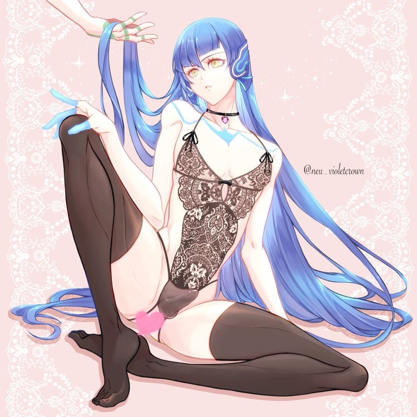 1boy black_legwear blue_hair bulge censored choker collarbone commentary_request crossdressing dq11neu erection erection_under_clothes eyelashes feet_together full_body gem hand_on_own_knee head_tilt heart heart_censor highres lace_background legs lingerie long_hair long_legs looking_at_another looking_to_the_side male_focus no_shoes otoko_no_ko out_of_frame parted_lips pink_background protagonist_(smtv) shadow shin_megami_tensei shin_megami_tensei_v shiny shiny_hair shiny_skin single_sidelock sitting solo_focus spread_legs thighhighs thighs toes twitter_username underwear very_long_hair yellow_eyes