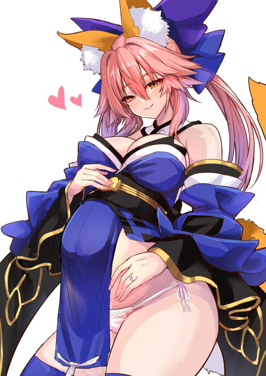 1girl animal_ear_fluff animal_ears bangs bare_shoulders blue_bow blue_kimono blue_legwear bow breasts cleavage detached_collar detached_sleeves fate/extra fate_(series) fox_ears fox_girl fox_tail hair_between_eyes hair_bow highres japanese_clothes kimono large_breasts long_hair looking_at_viewer obi panties pink_hair pregnant sash sidelocks smile solo tail tamamo_(fate) tamamo_no_mae_(fate/extra) thighhighs thighs twintails underwear white_panties wide_sleeves wisespeak yellow_eyes