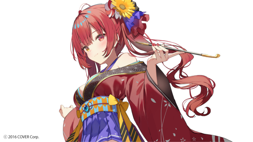 1girl bangs blush breasts commentary_request copyright_name eyebrows_visible_through_hair flower hair_between_eyes hair_flower hair_ornament heterochromia holding holding_pipe hololive houshou_marine japanese_clothes kimono kimono_skirt long_hair looking_at_viewer medium_breasts obi pipe purple_skirt red_eyes red_hair red_kimono red_nails sash sidelocks simple_background skirt smile solo sutorora twintails virtual_youtuber white_background yellow_eyes