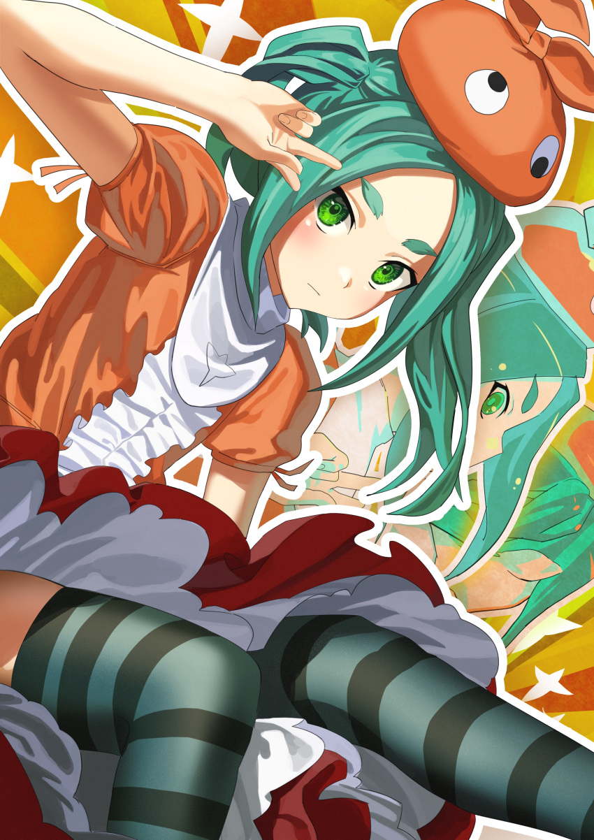 1girl absurdres aqua_hair aqua_legwear black_legwear commentary dress expressionless googly_eyes green_eyes hat highres hikimayu light_blush long_hair looking_at_viewer monogatari_(series) multiple_views ononoki_yotsugi orange_background orange_dress orange_headwear outline pointy_ears puffy_short_sleeves puffy_sleeves salute short_eyebrows short_sleeves sitting skindentation striped striped_legwear thick_eyebrows thighhighs twintails two-tone_legwear v v_over_eye white_outline yellow_background zyaki