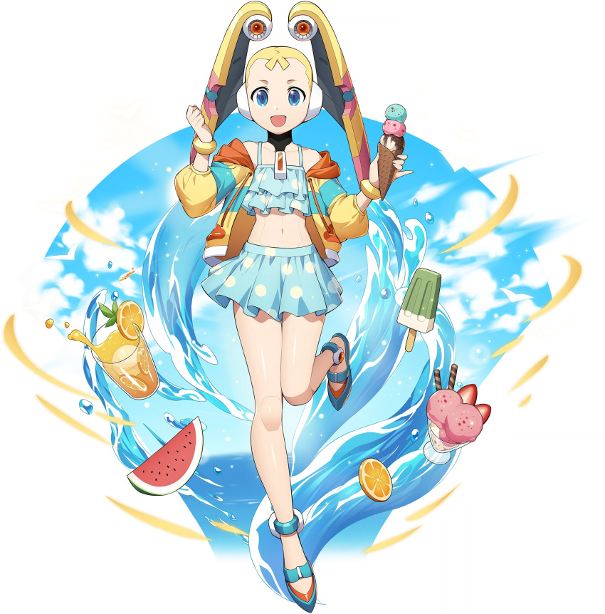 1girl android bare_shoulders bikini bikini_skirt blonde_hair blue_eyes bracelet collarbone cup drinking_glass floating floating_object food fruit full_body headgear highres holding holding_food ice_cream jacket jewelry leg_up looking_at_viewer mega_man_(series) mega_man_x8 mega_man_x_(series) mega_man_x_dive midriff mizuno_keisuke navel official_art open_clothes open_jacket open_mouth orange_(fruit) orange_juice orange_slice pallette_(mega_man) polka_dot polka_dot_bikini robot_ears shiny shiny_skin simple_background skirt smile stomach swimsuit water watermelon_slice