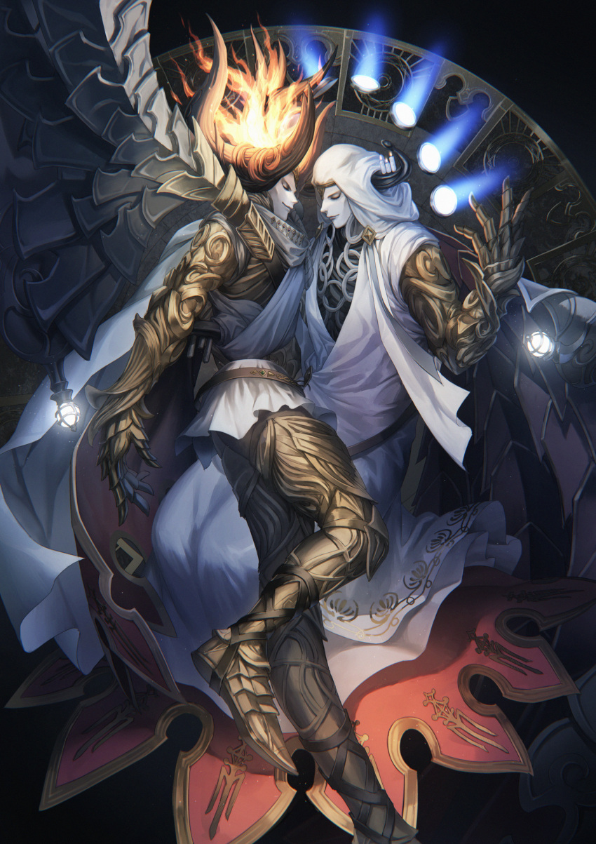 2boys armored_boots boots candle closed_eyes colored_skin dual_persona final_fantasy final_fantasy_xiv fire gauntlets highres horns multiple_boys nald'thal rosa_(hoshino) scarf thigh_boots thighhighs white_skin wings