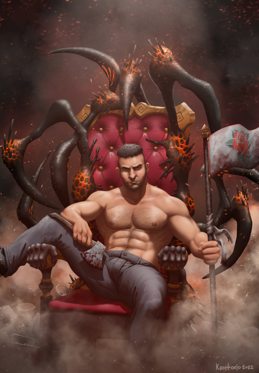 1boy abs absurdres artist_name axe bara black_hair black_pants blood blood_on_weapon brown_eyes chest_hair closed_mouth david_king_(dead_by_daylight) dead_by_daylight facial_hair flag highres holding holding_axe holding_flag holding_weapon kapetoelo looking_at_viewer male_focus muscular muscular_male navel navel_hair nipples pants scar scar_on_face short_hair sitting solo throne topless_male undercut weapon
