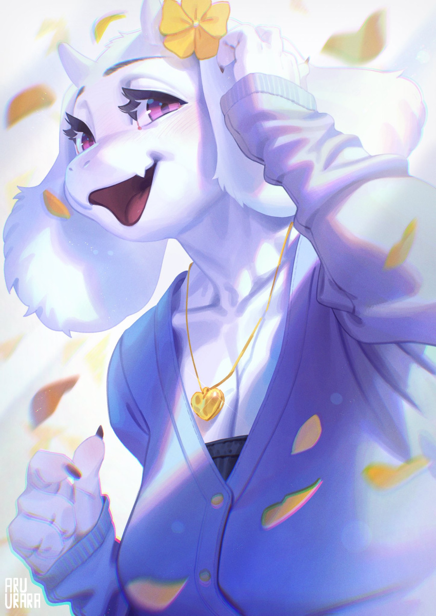 2022 anthro aruurara bovid breasts caprine clothing female fingers floppy_ears flower_petals fur hi_res horn jewelry mammal necklace open_mouth open_smile petals purple_eyes signature smile solo tongue toriel undertale_(series) video_games white_body white_fur