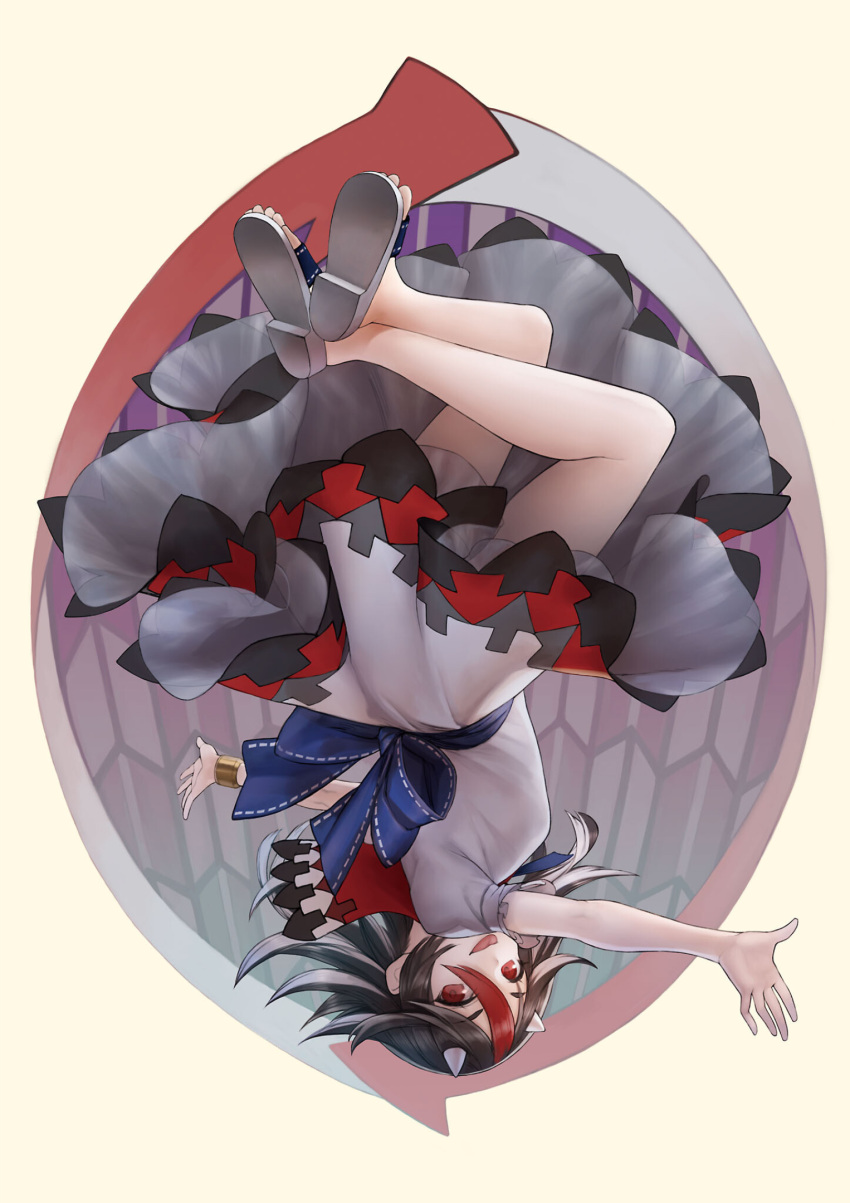 1girl :p ascot black_hair bloomers blue_ascot blue_sash bracelet dress highres horns jewelry kijin_seija masakichi_(mmw) multicolored_hair official_art red_eyes red_hair sandals sash short_sleeves solo strange_creators_of_outer_world third-party_source tongue tongue_out touhou underwear upside-down white_dress white_hair