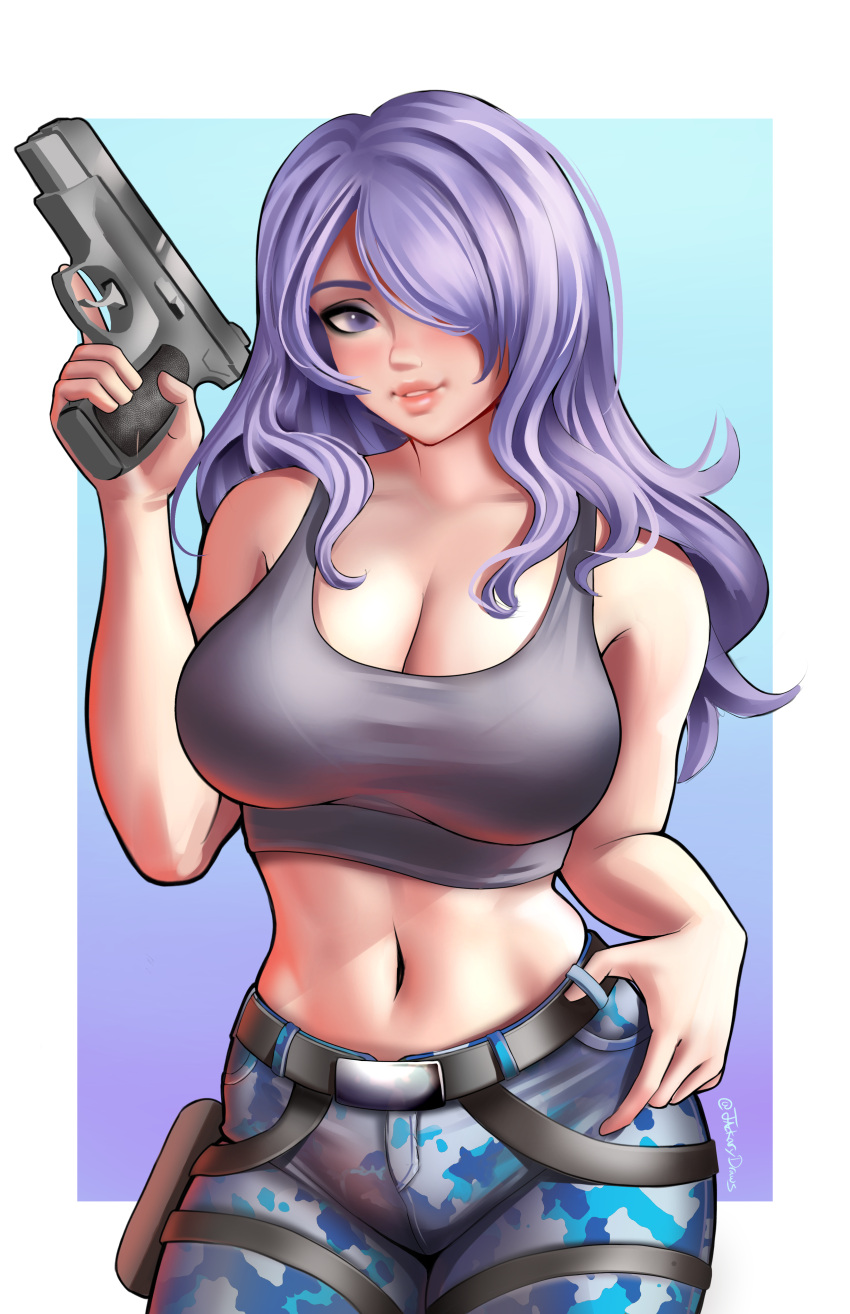 1girl absurdres belt breasts camilla_(fire_emblem) camouflage camouflage_pants cleavage commission cosplay crop_top fire_emblem fire_emblem_fates gun hair_over_one_eye highres holding holding_gun holding_weapon jackary lara_croft lara_croft_(cosplay) large_breasts lips midriff navel pants purple_hair solo tank_top tomb_raider weapon