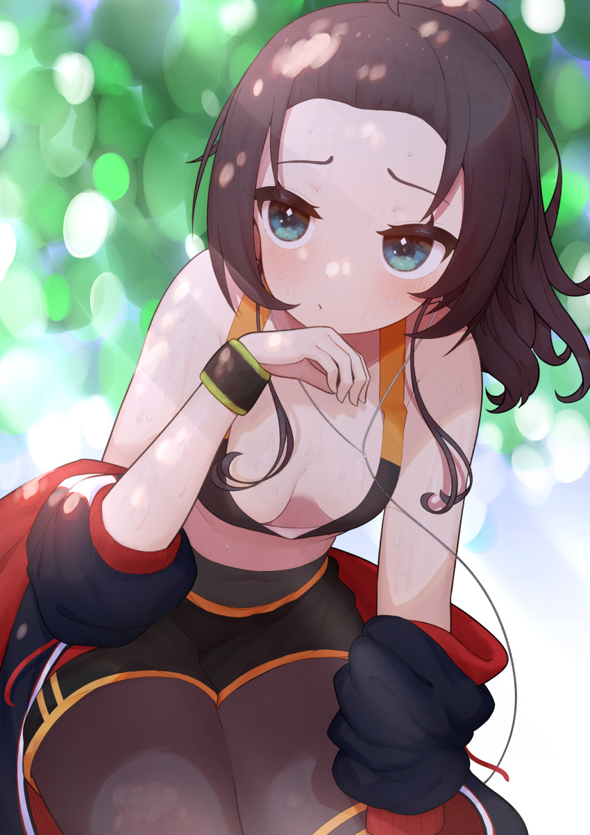 1girl absurdres bangs_pinned_back bare_shoulders black_legwear black_shorts blue_eyes blush breasts brown_hair covered_navel downblouse earphones hand_on_own_thigh highres hololive jacket leaf leaning_forward legwear_under_shorts long_hair lunch_boxer natsuiro_matsuri off_shoulder open_clothes open_jacket outdoors pantyhose ponytail shorts small_breasts solo sports_bra sweat sweatband thighs virtual_youtuber