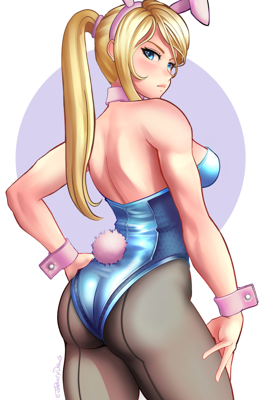 1girl absurdres adapted_costume animal_ears ass back-seamed_legwear bangs blonde_hair blue_eyes blue_leotard blush breasts choker commission eyebrows fake_animal_ears fake_tail from_behind hand_on_own_thigh highres jackary leotard lips looking_at_viewer looking_back medium_breasts metroid pantyhose parted_bangs playboy_bunny ponytail rabbit_ears rabbit_tail samus_aran seamed_legwear sidelocks simple_background solo strapless strapless_leotard tail toned twitter_username wrist_cuffs