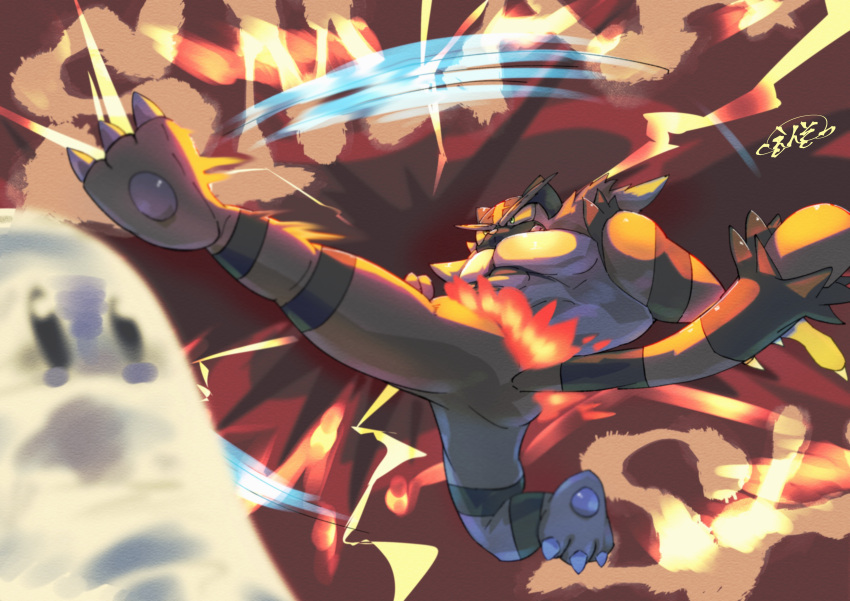 2022 absurd_res action_pose anthro claws crossover duo enso_t0324 fire hi_res incineroar male motion_lines muscular muscular_anthro muscular_male nintendo pok&eacute;mon pok&eacute;mon_(species) pose sandbag_(super_smash_bros.) signature super_smash_bros. toe_claws video_games