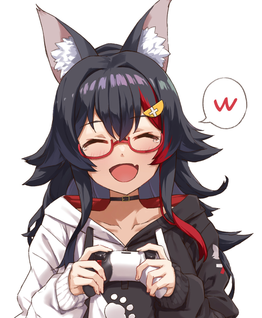 1girl animal_ear_fluff animal_ears black_hair black_hoodie controller eyebrows_visible_through_hair fang game_controller glasses highres hololive hood hoodie laughing multicolored_hair nanaku_teiru ookami_mio red-framed_eyewear red_hair skin_fang smile streaked_hair two-tone_hoodie virtual_youtuber white_hoodie wolf_ears wolf_girl