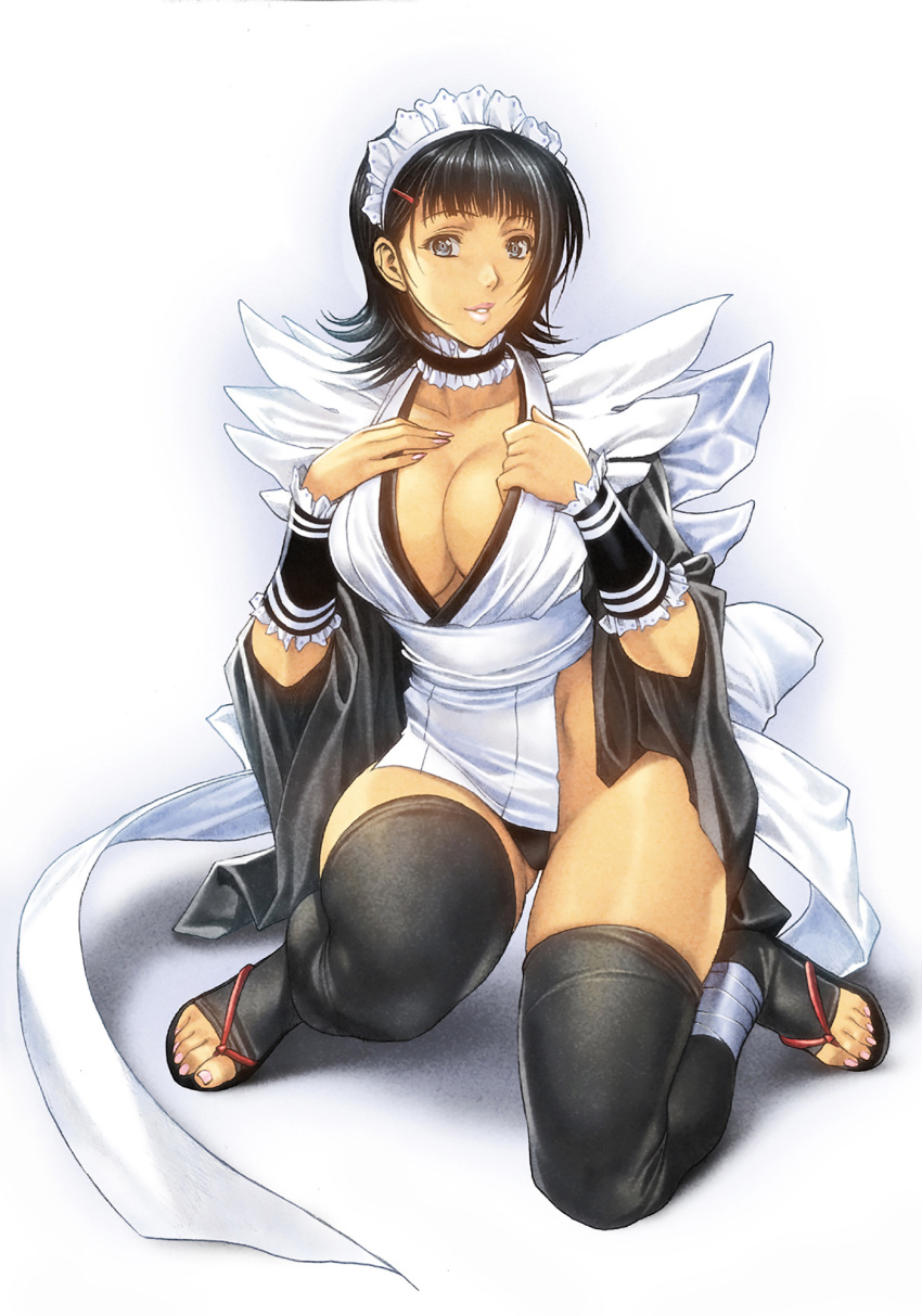 1girl bangs breasts commentary_request full_body hair_ornament highres homare_(fool's_art) iroha_(samurai_spirits) large_breasts looking_at_viewer maid maid_headdress parted_lips samurai_spirits shiny shiny_hair short_hair simple_background smile thighs