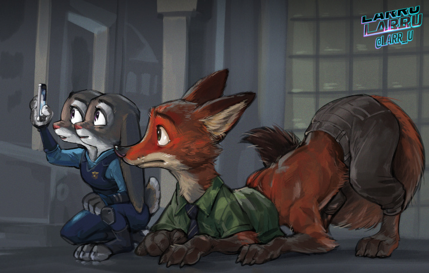 anthro canid canid_taur canine canine_taur clothed_taur disney duo female fox fox_taur hi_res judy_hopps lagomorph larru-larru leporid male mammal mammal_taur multi_head nick_wilde rabbit taur zootopia