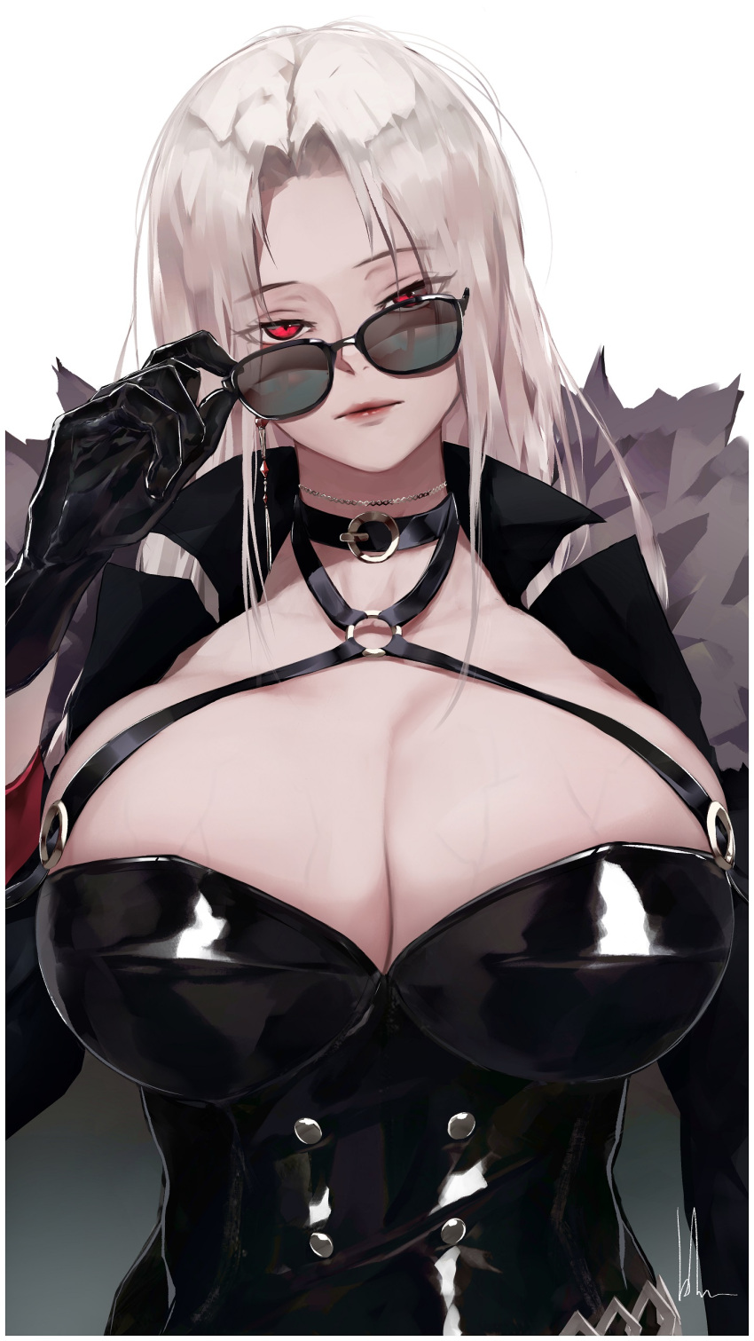 1girl absurdres black_gloves bluecup breasts choker cleavage collarbone dungeon_and_fighter eyebrows_visible_through_hair female_slayer_(dungeon_and_fighter) glasses gloves highres large_breasts looking_at_viewer red_eyes removing_eyewear revealing_clothes simple_background solo sunglasses upper_body white_background white_hair