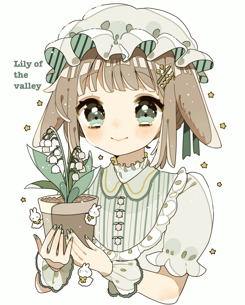 1girl :&gt; absurdres animal_ears bangs blunt_bangs blush bonnet brown_hair bunny buttons closed_mouth collared_shirt cuffs english_text flower frilled_cuffs frilled_shirt_collar frills green_eyes hair_ornament hairpin high_collar highres holding holding_plant lily_of_the_valley looking_at_viewer nagihoko nail_polish original plant potted_plant puffy_short_sleeves puffy_sleeves ribbon shirt short_hair short_sleeves smile solo star_(symbol) striped striped_headwear white_headwear