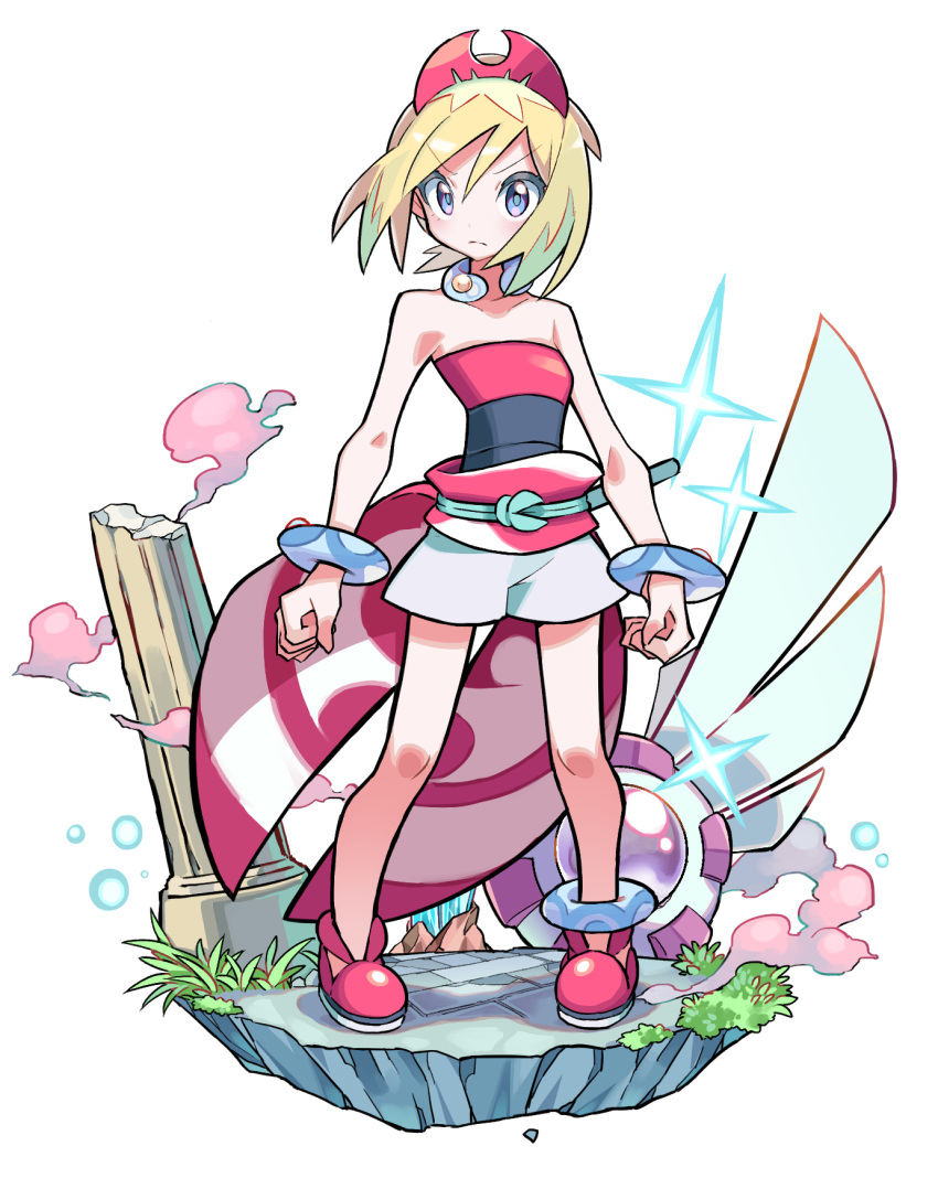 1girl arm_wrap blonde_hair blue_eyes commentary_request hairband highres hyou_(hyouga617) irida_(pokemon) jewelry knees neck_ring palkia pokemon pokemon_(creature) pokemon_(game) pokemon_legends:_arceus red_hairband red_shirt shirt shorts solo strapless strapless_shirt waist_cape white_shorts