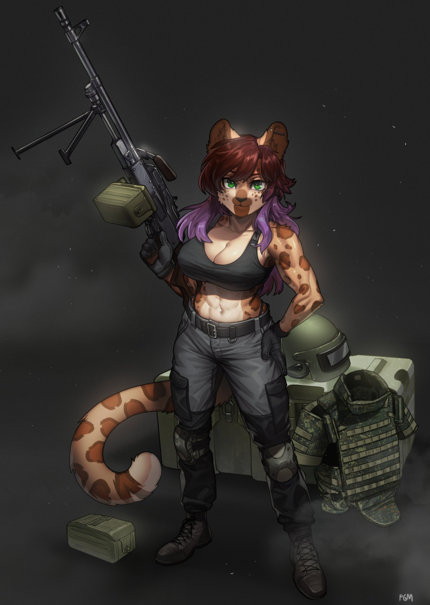 2022 absurd_res anthro armor belt boots bottomwear cargo cargo_pants clothing digital_media_(artwork) felid female footwear fur gun headgear helmet hi_res leopard looking_at_viewer mammal military pantherine pants pgm300 ranged_weapon smile uniform weapon