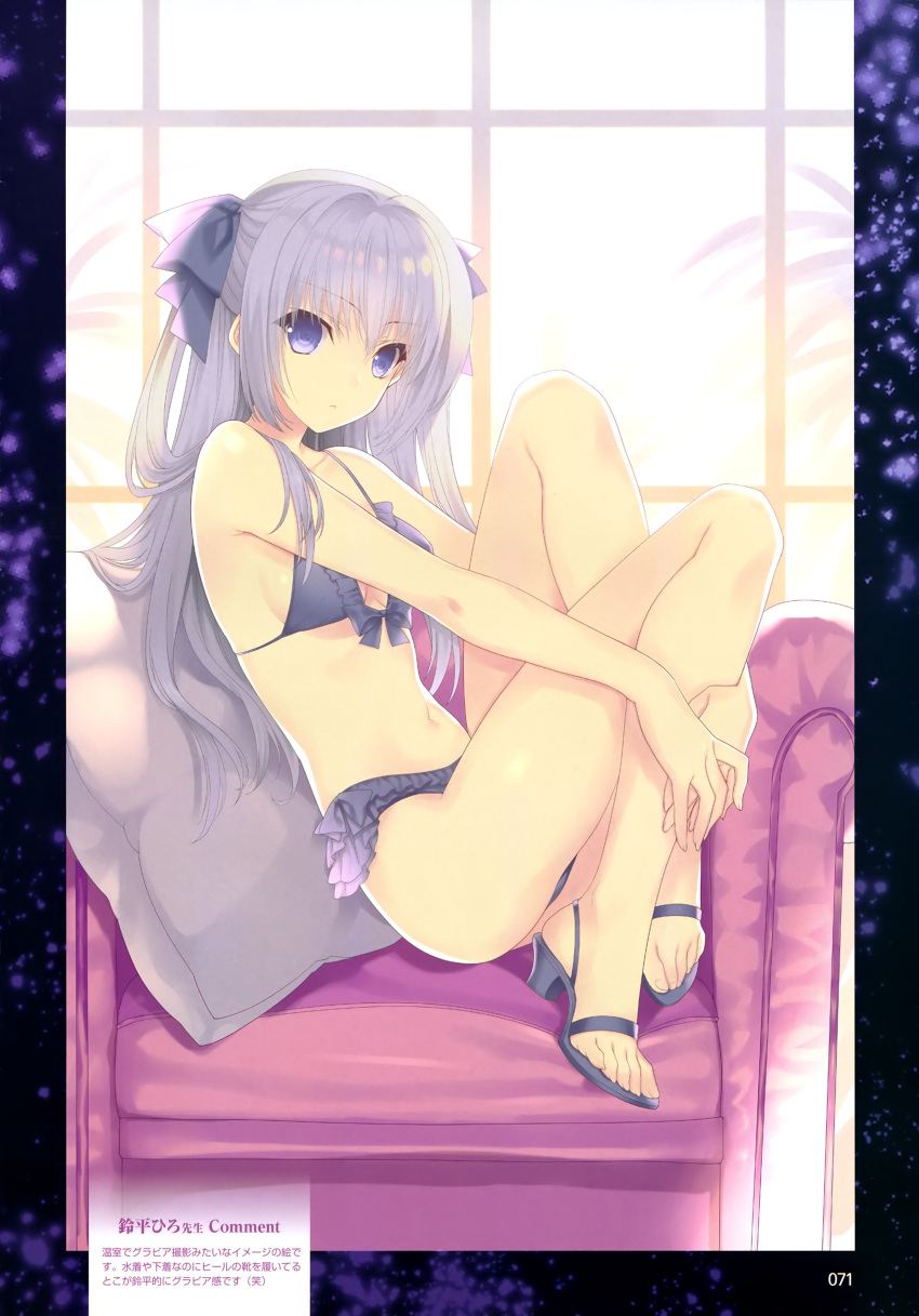 1girl absurdres black_bra black_footwear blue_eyes bow bra breasts chair expressionless full_body hair_bow high_heels highres holding_legs indoors light_purple_hair long_hair looking_at_viewer original panties pillow sideboob sitting small_breasts solo suzuhira_hiro translation_request underwear window