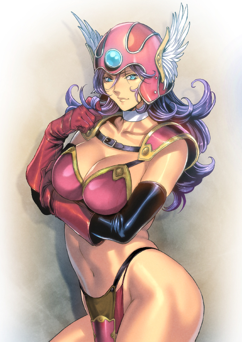 1girl aqua_eyes armor bangs bikini_armor breast_hold breasts choker cleavage closed_mouth collarbone commentary_request dragon_quest dragon_quest_iii feather_trim gloves helmet highleg highleg_panties highres homare_(fool's_art) lips long_hair looking_at_viewer medium_breasts navel panties pelvic_curtain purple_hair red_gloves shadow shiny shiny_hair shiny_skin shoulder_armor shoulder_pads simple_background smile soldier_(dq3) stomach tan thighs underwear warrior