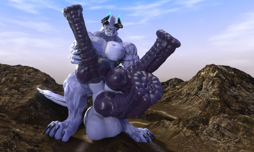 3_penises aeonortha anthro balls behemoth_(disambiguation) big_penis erection genitals hi_res horn huge_penis hyper hyper_genitalia hyper_penis knot male multi_balls multi_genitalia multi_penis multi_urethra nude penis solo standing thick_tail