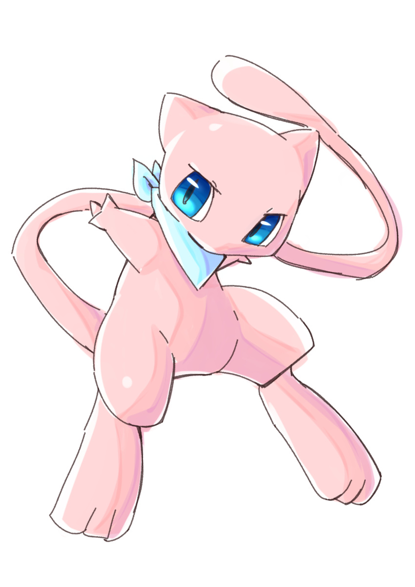 3_fingers 3_toes ambiguous_gender blue_eyes blue_scarf chaba featureless_crotch feet feral fingers hi_res legendary_pok&eacute;mon looking_aside mew monotone_body narrowed_eyes nintendo pink_body pok&eacute;mon pok&eacute;mon_(species) scarf simple_background solo toes video_games white_background