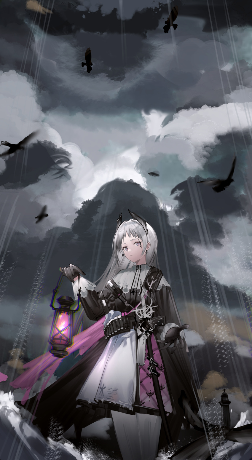 1girl absurdres ammunition arknights bird black_gloves black_jacket closed_mouth cloud cloudy_sky cowboy_shot crow day earrings eugle_na expressionless fire gloves gun head_wings highres holding holding_lantern irene_(arknights) jacket jewelry lantern layered_skirt lighthouse long_sleeves looking_at_viewer outdoors outstretched_hand pantyhose pink_fire puffy_long_sleeves puffy_sleeves purple_eyes purple_skirt rain scar scar_across_eye scar_on_face sheath sheathed silver_hair skirt sky solo sword water weapon white_legwear white_skirt