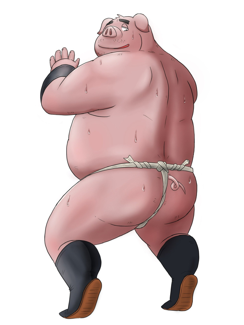 2022 anthro asian_clothing belly big_belly clothing domestic_pig east_asian_clothing fundoshi hi_res humanoid_hands inunodaidokoro japanese_clothing kemono male mammal moobs overweight overweight_male pink_body solo suid suina sus_(pig) underwear white_clothing white_fundoshi white_underwear