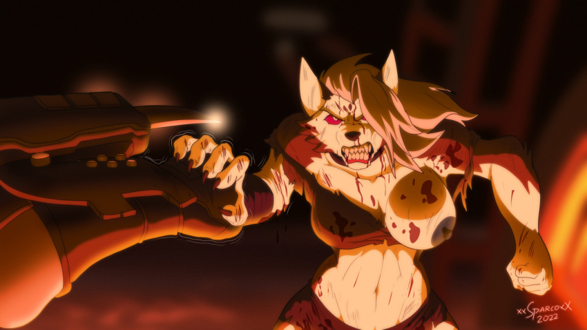 2022 5_fingers angry anthro areola armor black_nipples blood blood_on_breast blood_on_face bodily_fluids bottomwear breasts canid canid_demon catching claws clenched_teeth clothed clothing demon doom_(series) doom_slayer duo fangs female fight finger_claws fingers first_person_view fist fur grey_body grey_fur hair hellhound helluva_boss human humanoid_hands id_software loona_(helluva_boss) male mammal multicolored_body multicolored_fur navel nipples nosebleed one_breast_out red_sclera shorts signature silver_hair teeth torn_clothing two_tone_body two_tone_fur video_games wardrobe_malfunction white_body white_fur xxsparcoxx