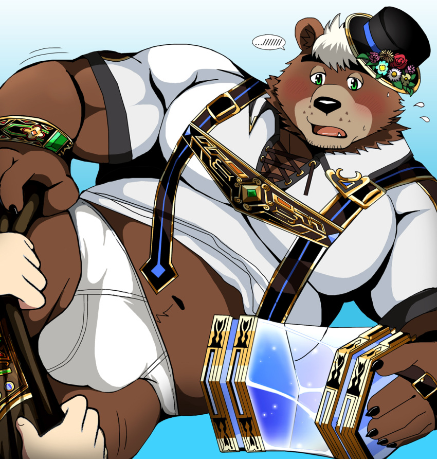 2022 anthro bearlovestiger13 belly blush brown_body bulge clothing goro_(live-a-hero) hat headgear headwear hi_res humanoid_hands kemono lifewonders live-a-hero male mammal musclegut navel solo_focus underwear undressing ursid video_games