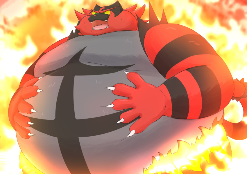 anthro belly big_(disambiguation) claws domestic_cat felid feline felis feral fire fur grey_body hand_on_stomach heavy hi_res incineroar inflation male mammal marumu_5656 morbidly_obese nintendo obese overweight pok&eacute;mon pok&eacute;mon_(species) red_body red_fur solo touching_chest video_games weight_gain