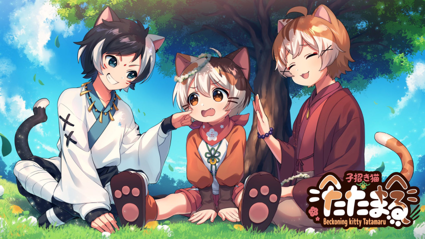 3boys animal_ears antenna_hair artist_request ascot bangs black_hair blue_eyes bracelet brown_hair cat_boy cat_ears cat_tail character_request cheek_pinching child cloud cloudy_sky commentary_request commission crossed_legs eyebrows_visible_through_hair facial_mark fang hair_between_eyes highres indie_virtual_youtuber jewelry kemonomimi_mode leaf long_sleeves looking_at_another multicolored_hair multiple_boys necklace on_ground orange_eyes outdoors pinching sandals short_hair size_difference sky tail tatamaru_(vtuber) teeth translation_request tree two-tone_hair whisker_markings white_hair wreath